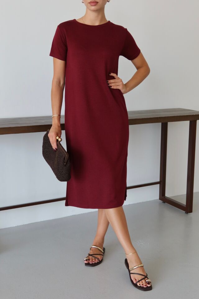 Balenbi Kadın Modal Kumaş Yarım Kol Yırtmaçlı Diz Altı Elbise 1100 Bordo - XL