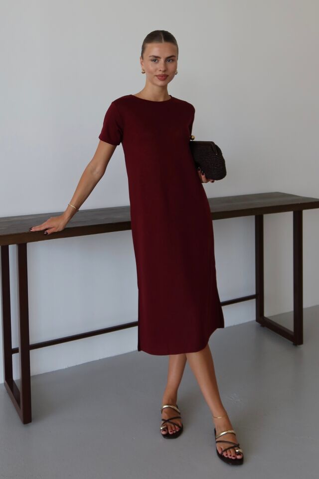 Balenbi Kadın Modal Kumaş Yarım Kol Yırtmaçlı Diz Altı Elbise 1100 XL - Bordo