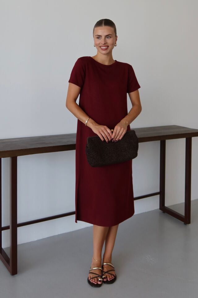 Balenbi Kadın Modal Kumaş Yarım Kol Yırtmaçlı Diz Altı Elbise 1100 Bordo - XL