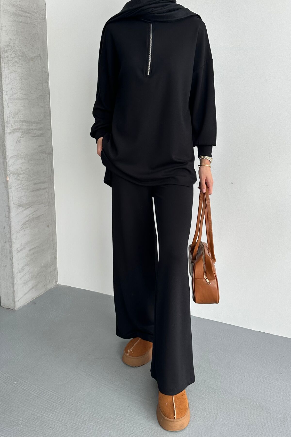 Balenbi Kadın Modal Penye Oversize Metal Fermuar Tesettür Tunik Takım 1117 S - Siyah