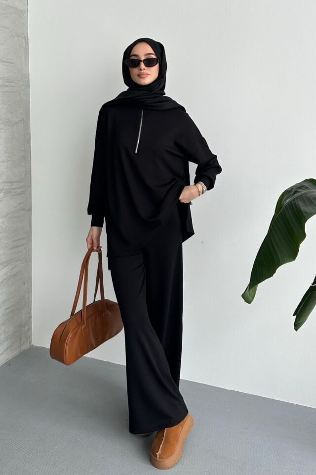 Balenbi Kadın Modal Penye Oversize Metal Fermuar Tesettür Tunik Takım 1117 S - Siyah
