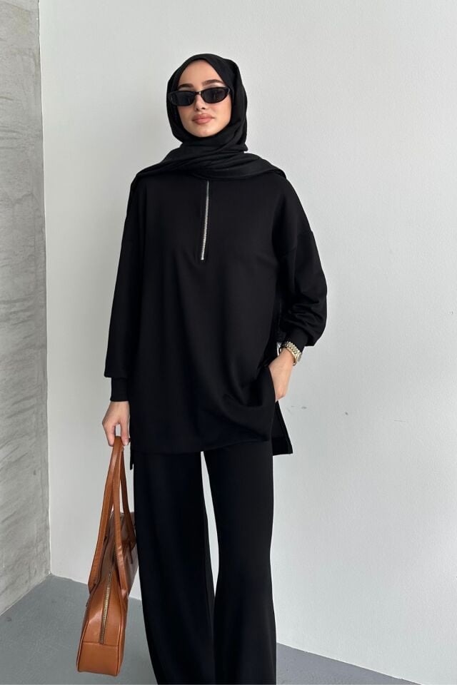 Balenbi Kadın Modal Penye Oversize Metal Fermuar Tesettür Tunik Takım 1117 Siyah - S