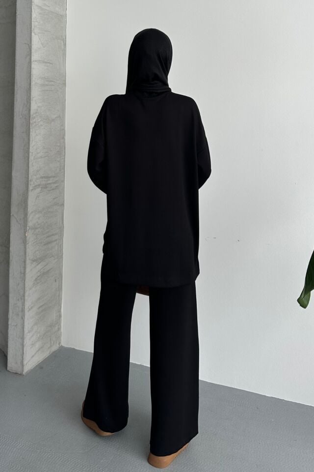 Balenbi Kadın Modal Penye Oversize Metal Fermuar Tesettür Tunik Takım 1117 S - Siyah