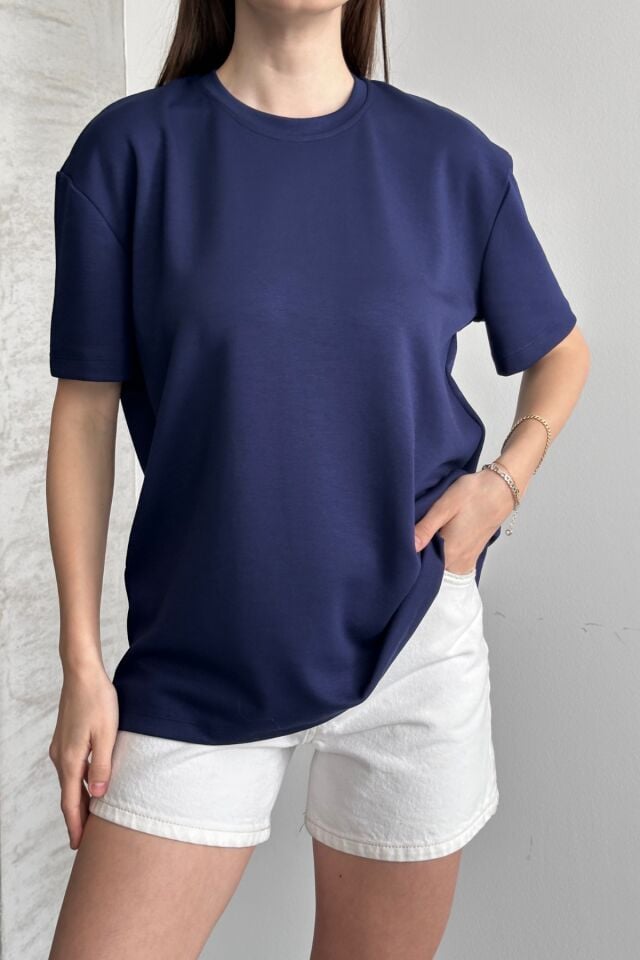 Balenbi Kadın Modal Bisiklet Yaka Basic Yarım Kollu T-Shirt 1211 Lacivert - XL