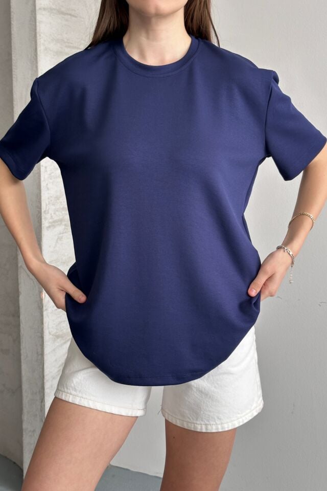 Balenbi Kadın Modal Bisiklet Yaka Basic Yarım Kollu T-Shirt 1211 Lacivert - XL