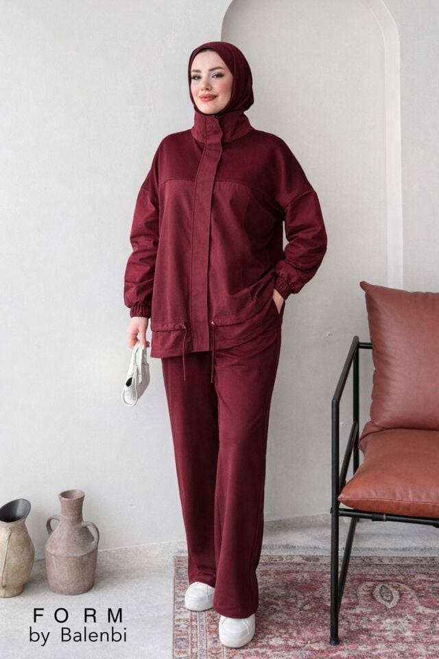 Balenbi Garni Detaylı Bağcıklı Tesettür Kadın Oversize Takım 1172 – Form Serisi Bordo - S/M