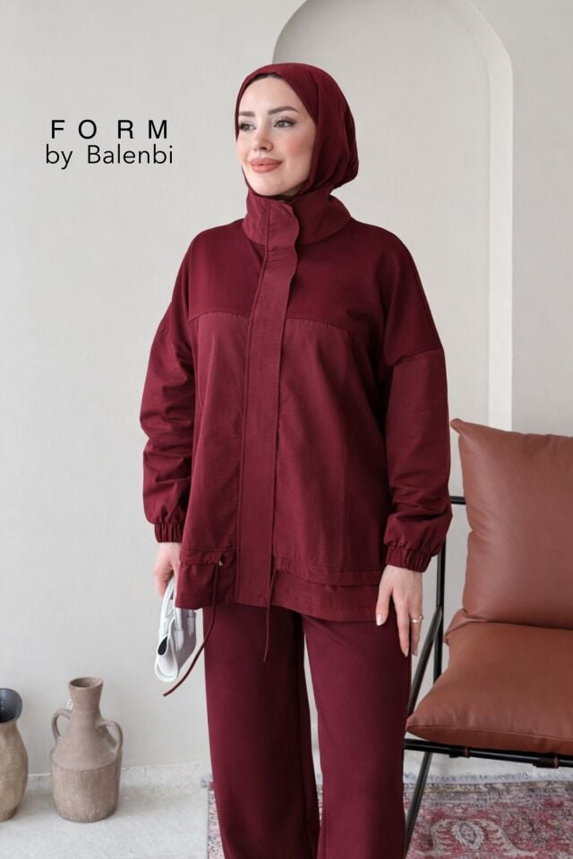 Balenbi Garni Detaylı Bağcıklı Tesettür Kadın Oversize Takım 1172 – Form Serisi Bordo - S/M