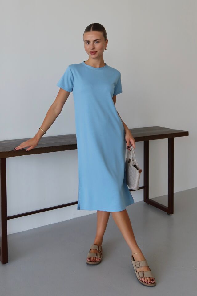 Balenbi Kadın Modal Kumaş Yarım Kol Yırtmaçlı Diz Altı Elbise 1100 Mavi - XL