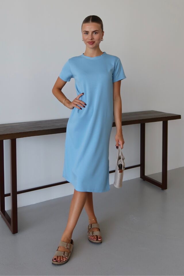 Balenbi Kadın Modal Kumaş Yarım Kol Yırtmaçlı Diz Altı Elbise 1100 XL - Mavi