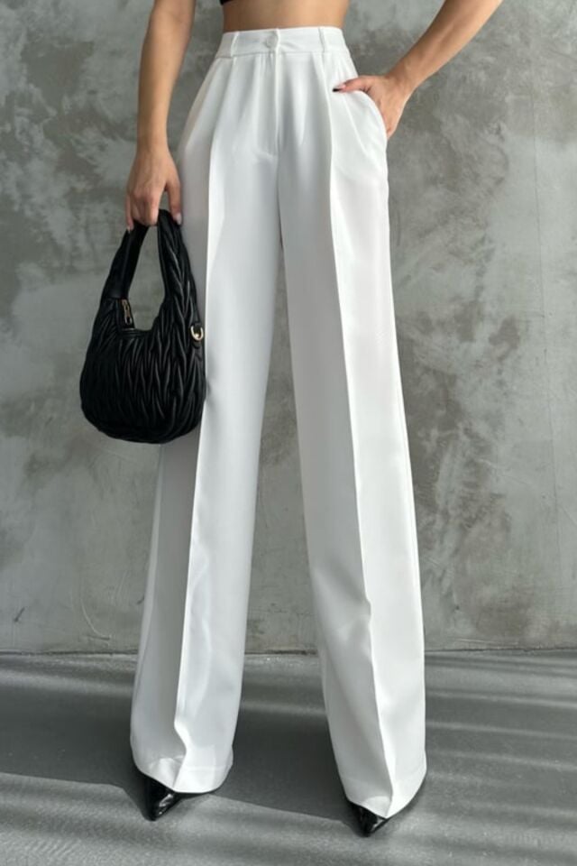 Balenbi Kadın Pileli Yüksek Bel Likralı Palazzo Pantolon 1080 Beyaz - 40