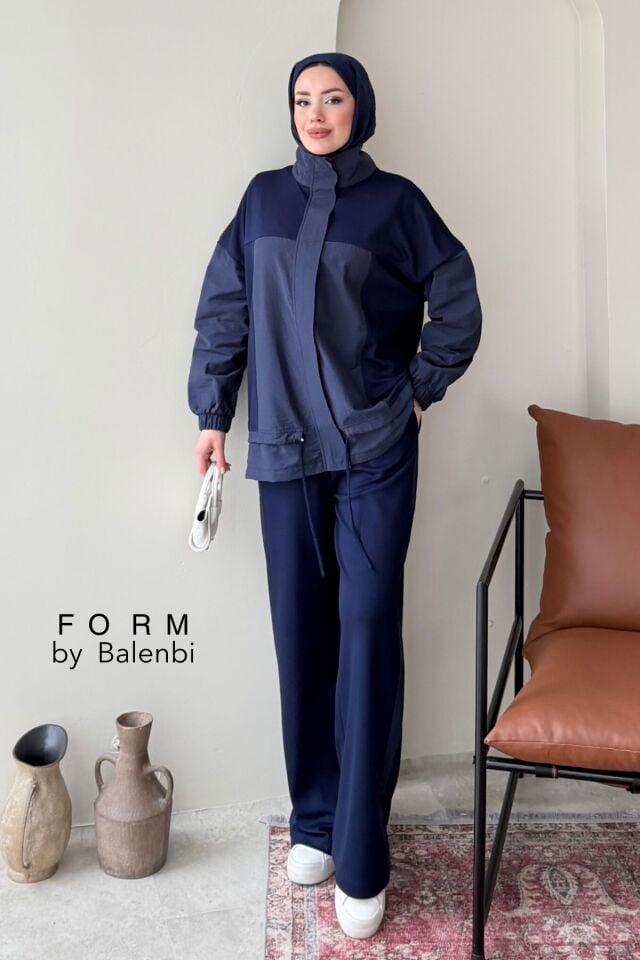 Balenbi Garni Detaylı Bağcıklı Tesettür Kadın Oversize Takım 1172 – Form Serisi S/M - Lacivert