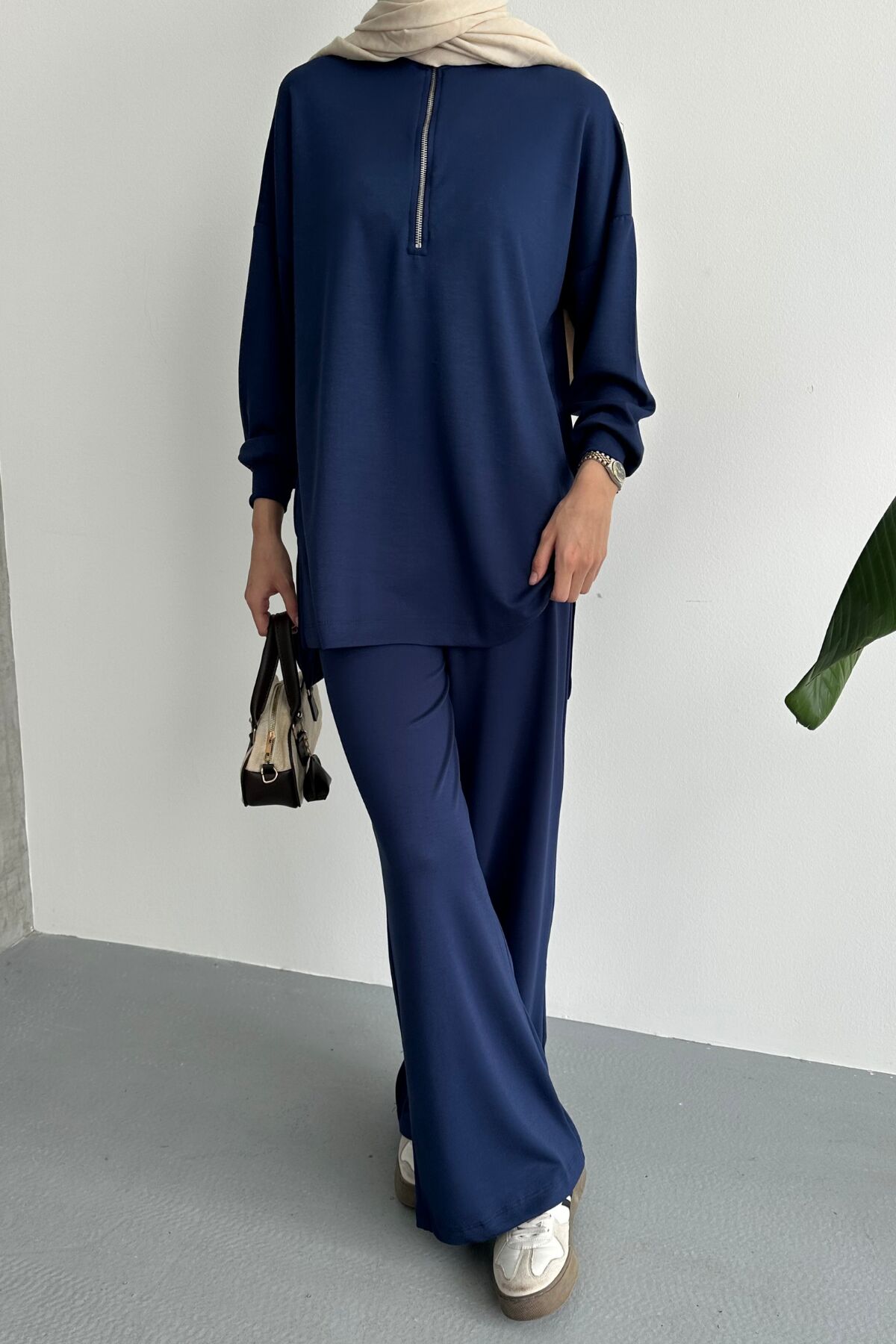 Balenbi Kadın Modal Penye Oversize Metal Fermuar Tesettür Tunik Takım 1117 S - Lacivert