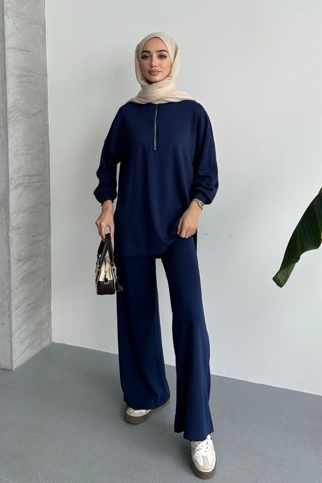 Balenbi Kadın Modal Penye Oversize Metal Fermuar Tesettür Tunik Takım 1117 Lacivert - S