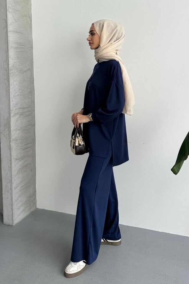 Balenbi Kadın Modal Penye Oversize Metal Fermuar Tesettür Tunik Takım 1117 S - Lacivert