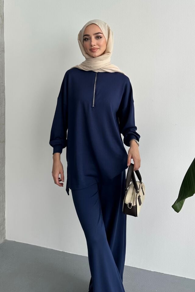 Balenbi Kadın Modal Penye Oversize Metal Fermuar Tesettür Tunik Takım 1117 S - Lacivert