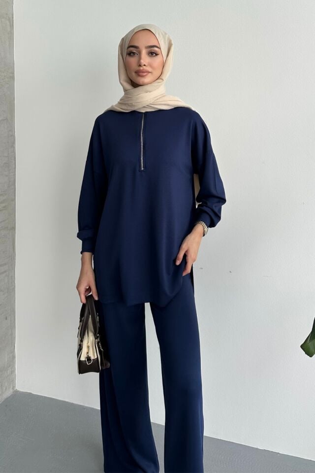 Balenbi Kadın Modal Penye Oversize Metal Fermuar Tesettür Tunik Takım 1117 S - Lacivert
