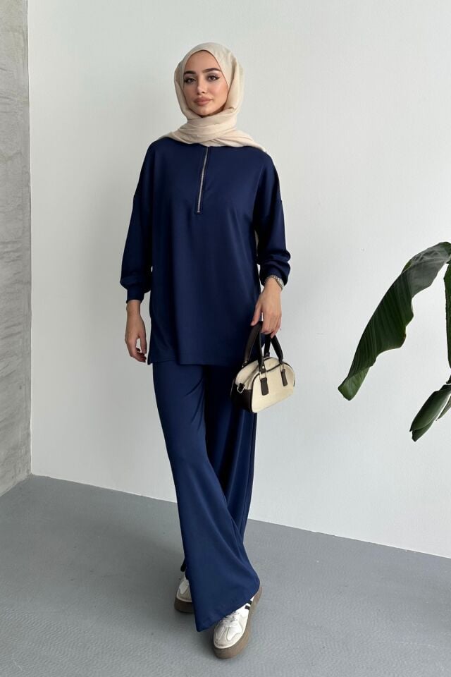 Balenbi Kadın Modal Penye Oversize Metal Fermuar Tesettür Tunik Takım 1117 S - Lacivert