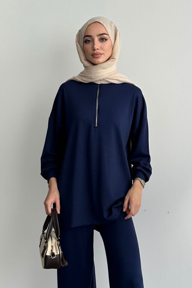 Balenbi Kadın Modal Penye Oversize Metal Fermuar Tesettür Tunik Takım 1117 S - Lacivert