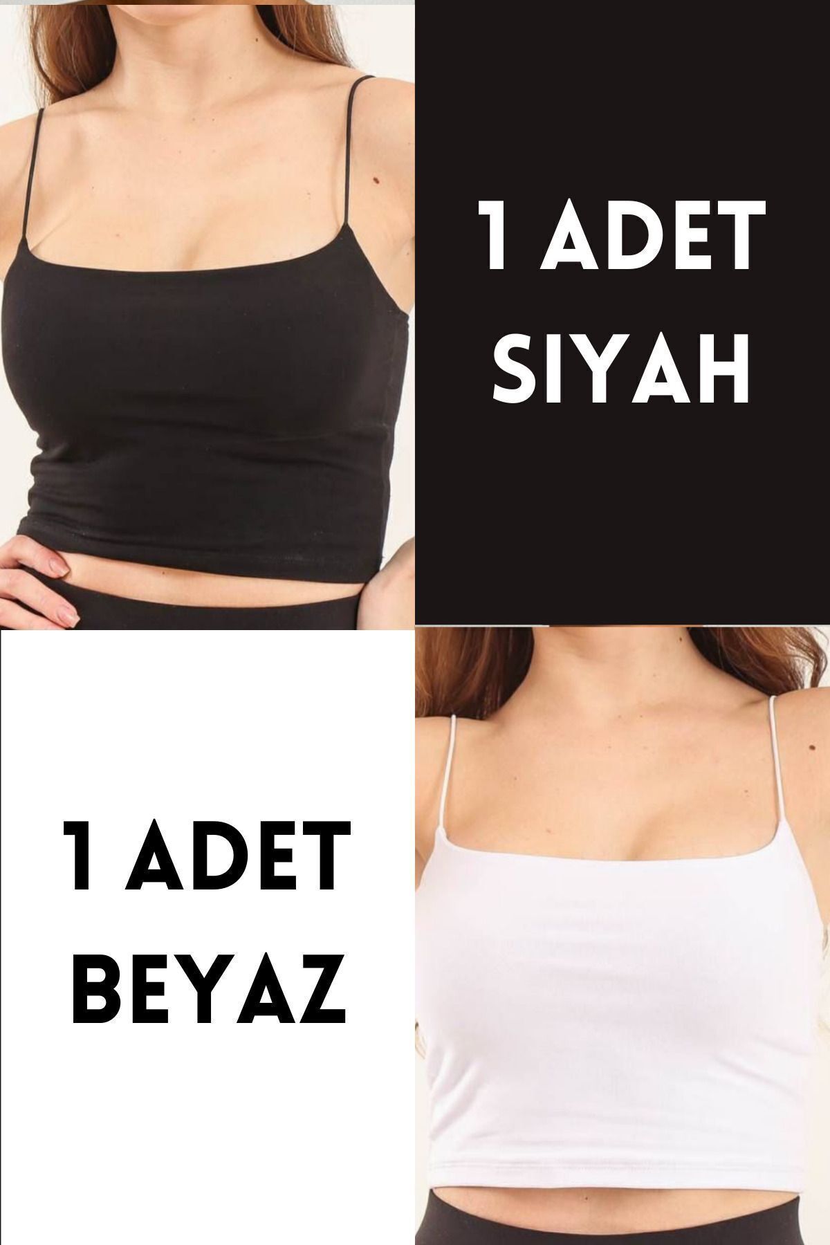 Balenbi Kadın Basic Ip Askılı Penye Crop Body 1066 S - Siyah-Beyaz