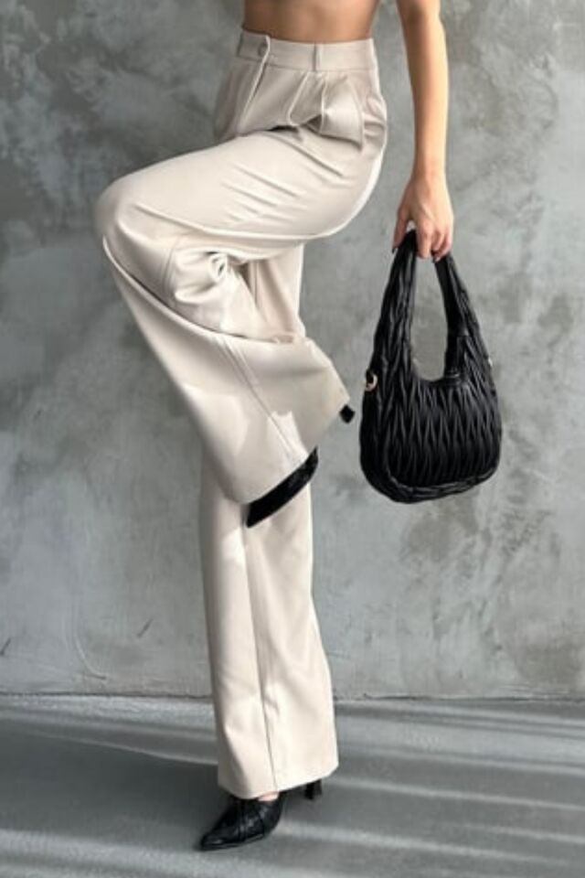 Balenbi Kadın Pileli Yüksek Bel Likralı Palazzo Pantolon 1080 38 - Bej