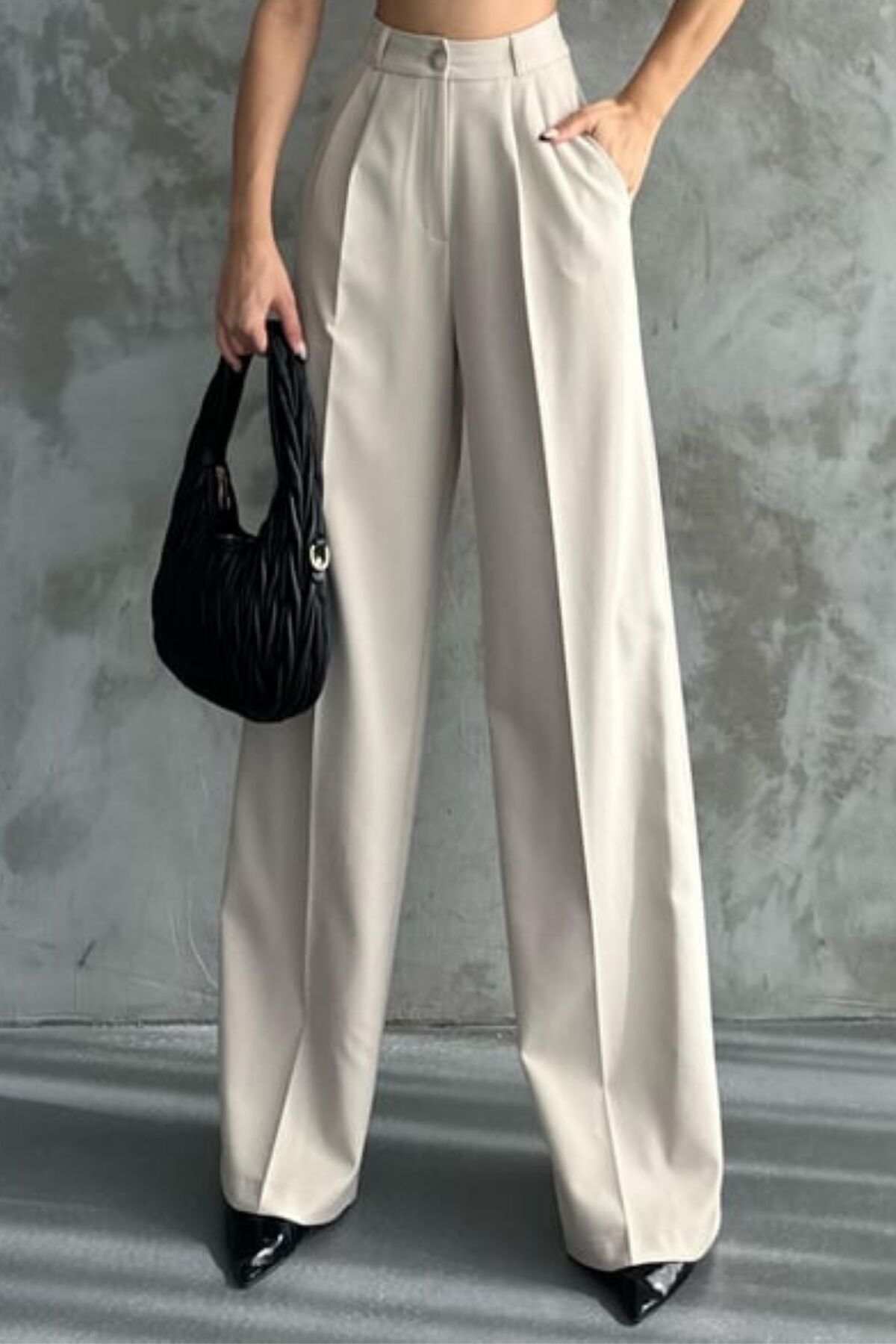 Balenbi Kadın Pileli Yüksek Bel Likralı Palazzo Pantolon 1080 38 - Bej