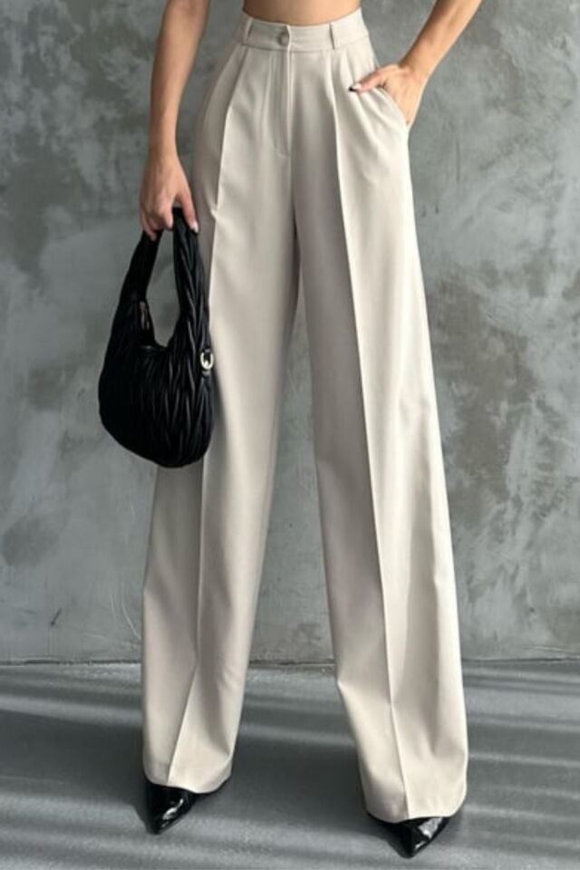 Balenbi Kadın Pileli Yüksek Bel Likralı Palazzo Pantolon 1080 Bej - 38