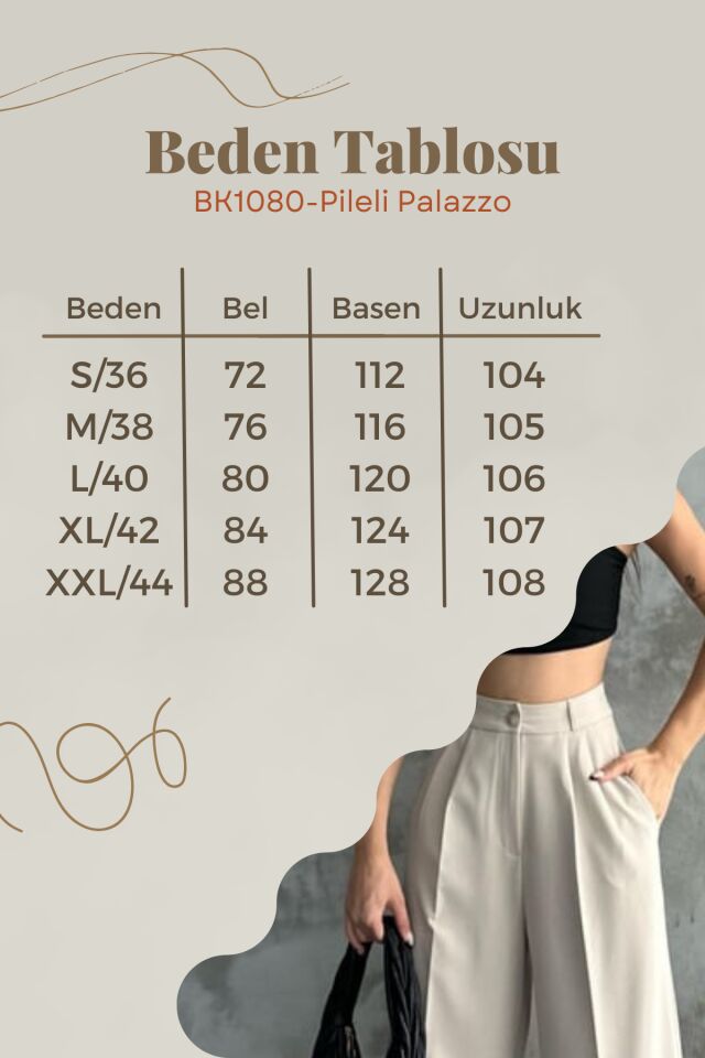 Balenbi Kadın Pileli Yüksek Bel Bol Paça Likralı Palazzo Pantolon 1139 36 - Bej