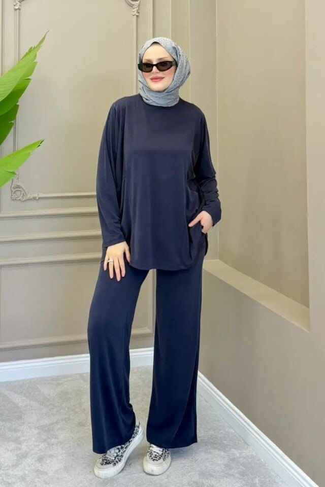 Balenbi Oversize Cupra Pike Kumaş Tesettür İkili Takım Cepli Tunik Bol Paça Pantolon 1215 S/M - Lacivert