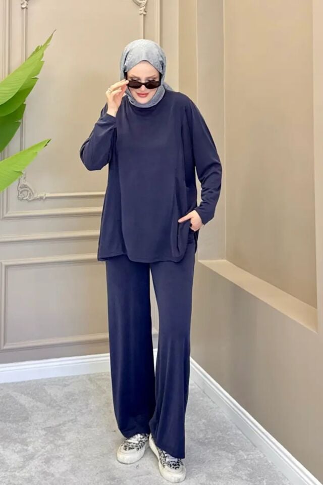 Balenbi Oversize Cupra Pike Kumaş Tesettür İkili Takım Cepli Tunik Bol Paça Pantolon 1215 S/M - Lacivert