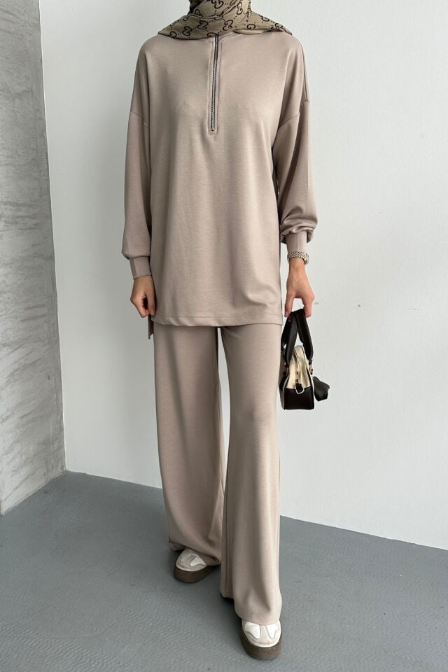 Balenbi Kadın Modal Penye Oversize Metal Fermuar Tesettür Tunik Takım 1117 Bej - S