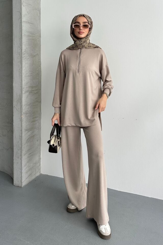 Balenbi Kadın Modal Penye Oversize Metal Fermuar Tesettür Tunik Takım 1117 Bej - S