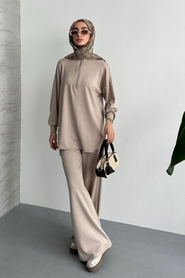 Balenbi Kadın Modal Penye Oversize Metal Fermuar Tesettür Tunik Takım 1117 S - Bej