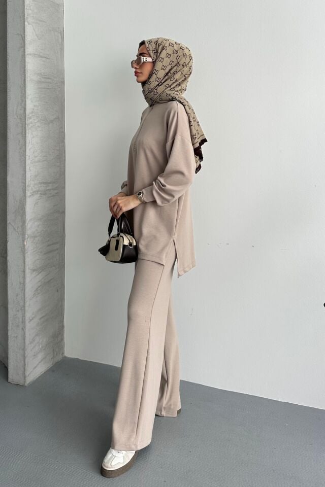 Balenbi Kadın Modal Penye Oversize Metal Fermuar Tesettür Tunik Takım 1117 S - Bej