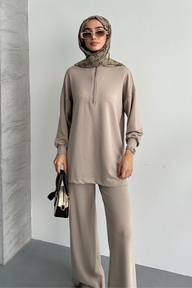 Balenbi Kadın Modal Penye Oversize Metal Fermuar Tesettür Tunik Takım 1117 S - Bej