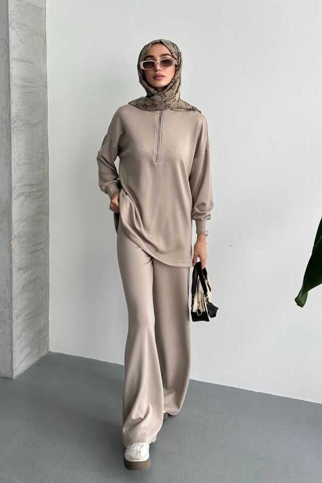 Balenbi Kadın Modal Penye Oversize Metal Fermuar Tesettür Tunik Takım 1117 S - Bej