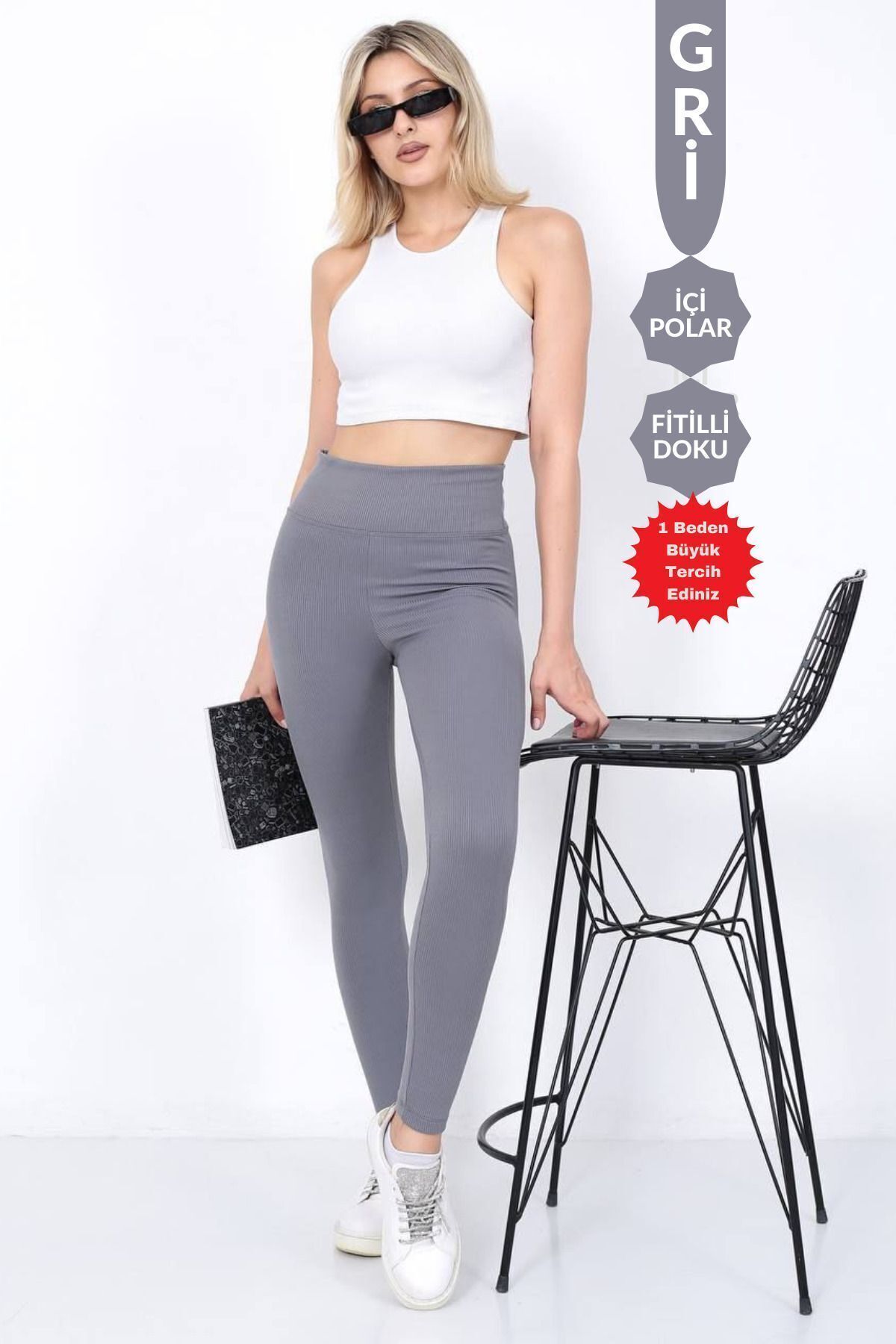 Balenbi Kadın Yüksek Bel Şardonlu Incelten Toparlayıcı Fitilli Tayt 1055 S - Gri