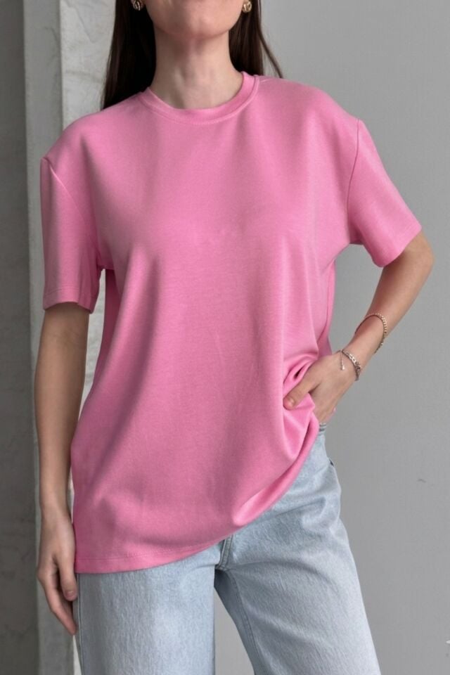 Balenbi Kadın Modal Bisiklet Yaka Basic Yarım Kollu T-Shirt 1211 Pembe - XL