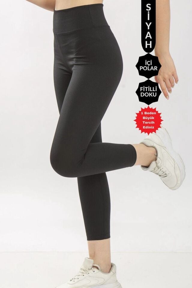 Balenbi Kadın Yüksek Bel Şardonlu Incelten Toparlayıcı Fitilli Tayt 1055 S - Siyah