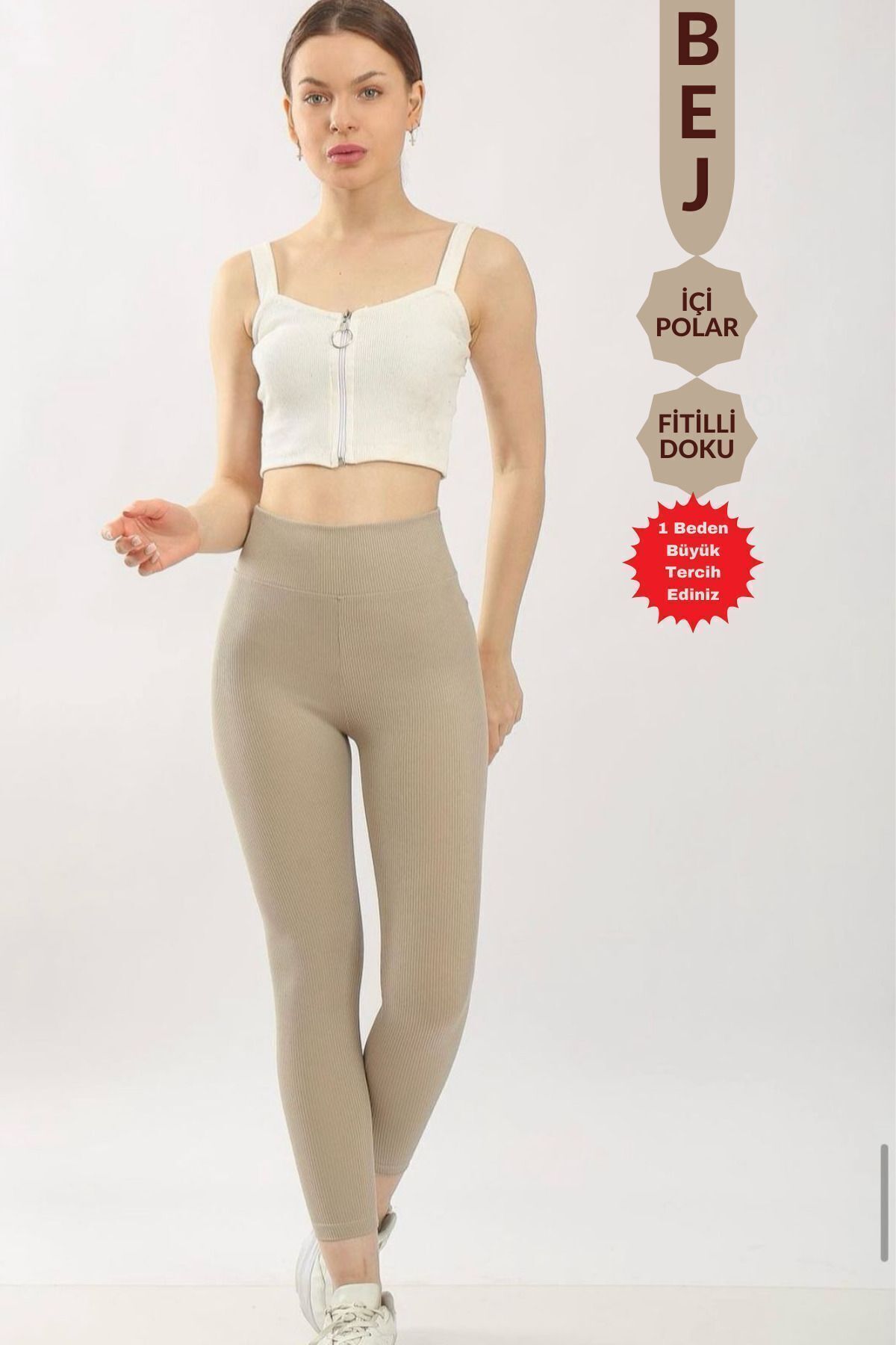 Balenbi Kadın Yüksek Bel Şardonlu Incelten Toparlayıcı Fitilli Tayt 1055 M - Bej