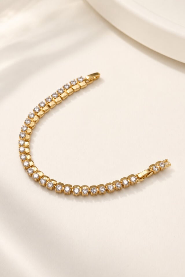 Balenbi Jewelry Kadın Yuvarlak Taşlı Tenis Model Kararmaz Çelik Bileklik 14K Gold Renk 1138 Altın