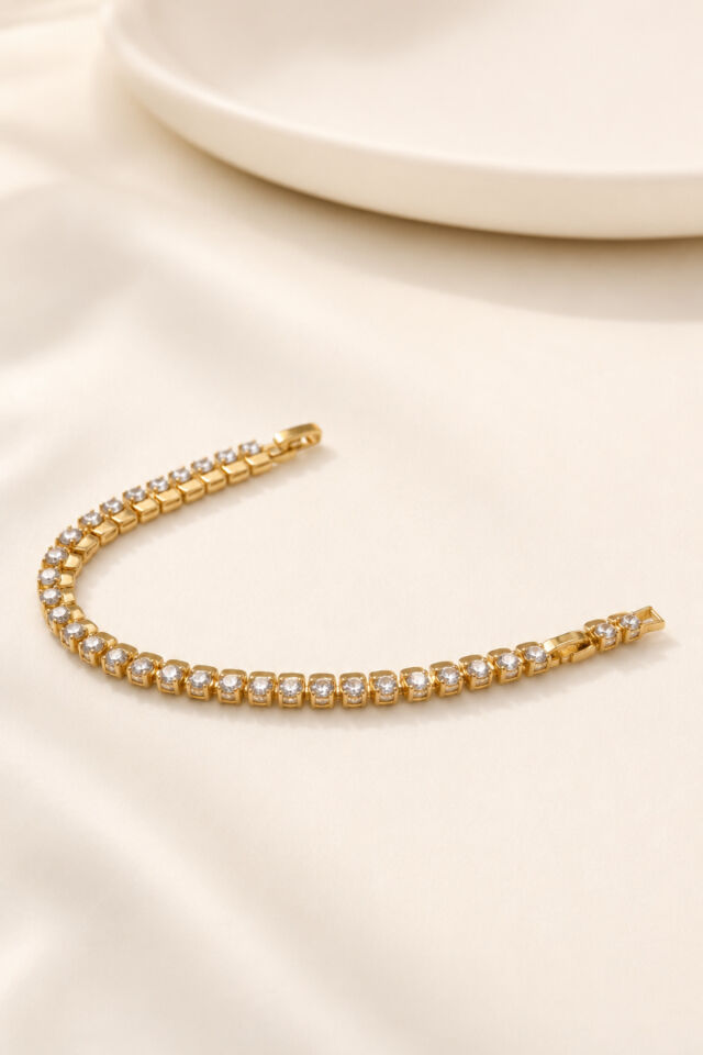 Balenbi Jewelry Kadın Yuvarlak Taşlı Tenis Model Kararmaz Çelik Bileklik 14K Gold Renk 1138 Altın