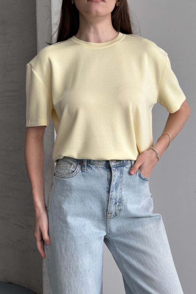 Balenbi Kadın Modal Bisiklet Yaka Basic Yarım Kollu T-Shirt 1211 Sarı - XL