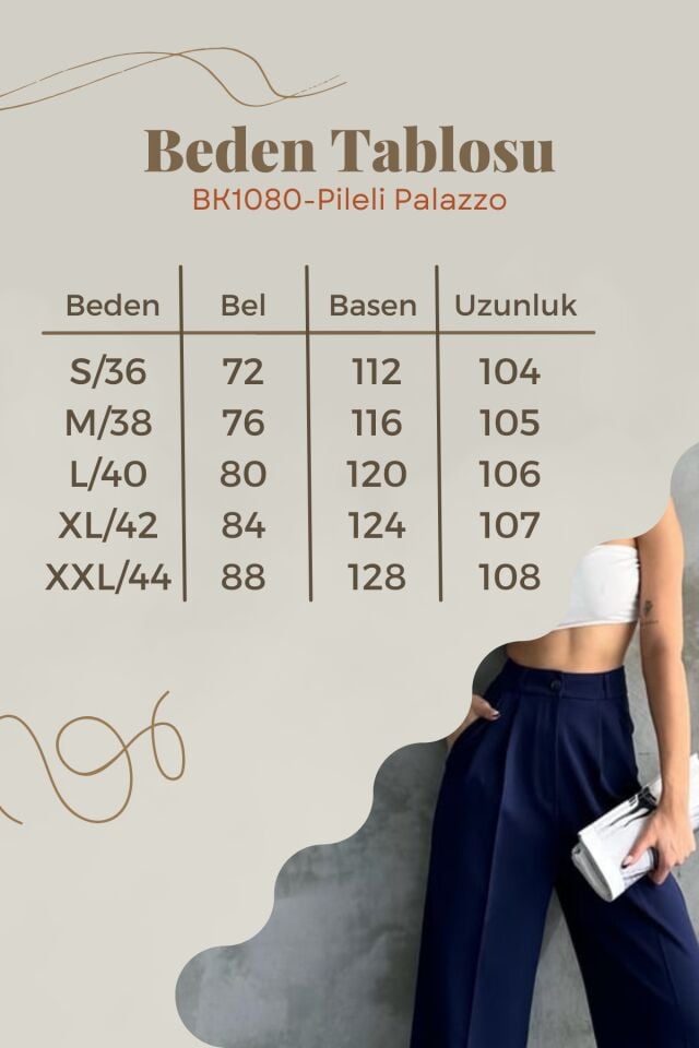 Balenbi Kadın Pileli Yüksek Bel Bol Paça Likralı Palazzo Pantolon 1139 34 - Lacivert