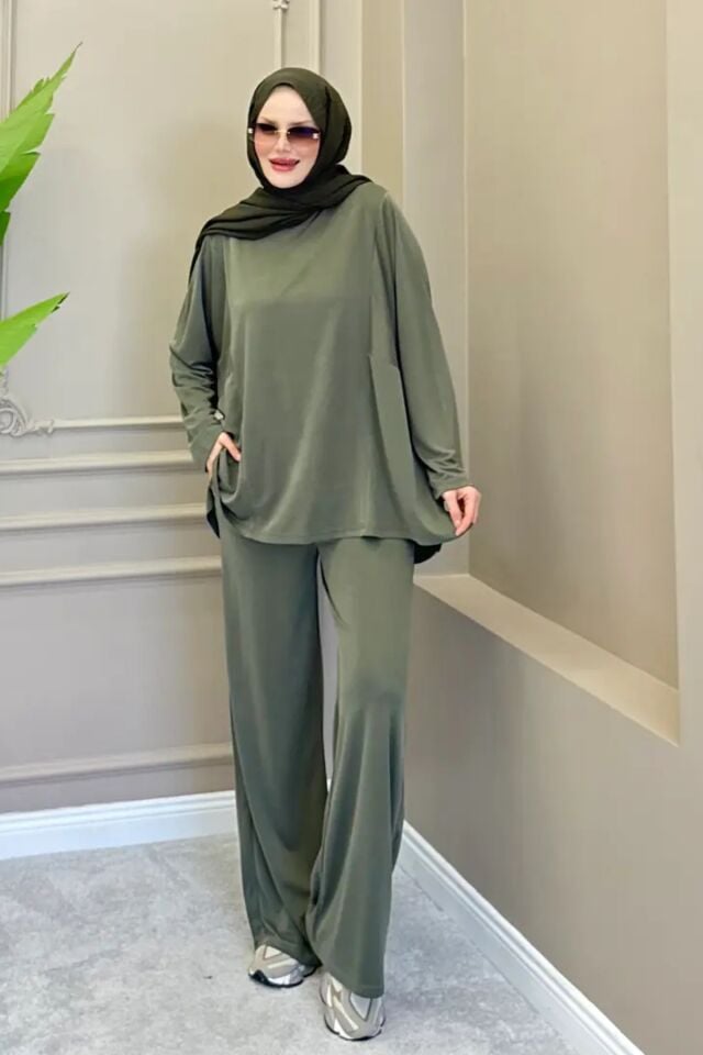 Balenbi Oversize Cupra Pike Kumaş Tesettür İkili Takım Cepli Tunik Bol Paça Pantolon 1215 L/XL - Haki