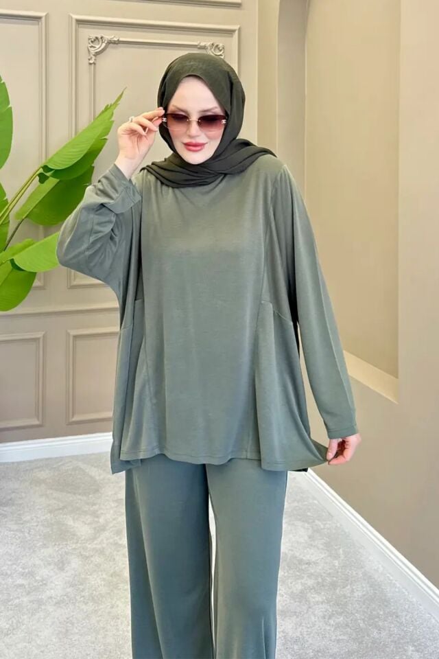 Balenbi Oversize Cupra Pike Kumaş Tesettür İkili Takım Cepli Tunik Bol Paça Pantolon 1215 L/XL - Haki