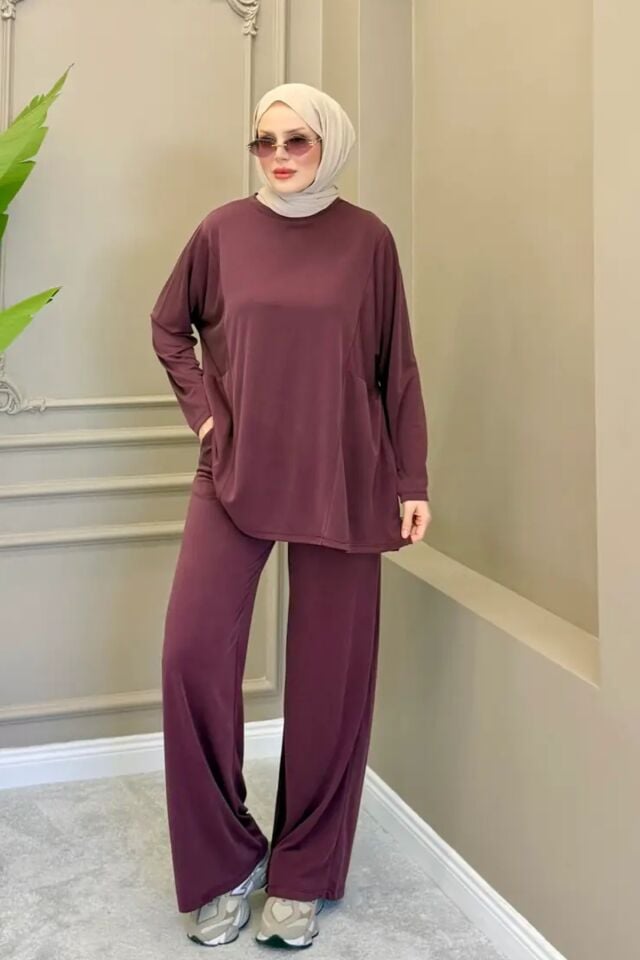 Balenbi Oversize Cupra Pike Kumaş Tesettür İkili Takım Cepli Tunik Bol Paça Pantolon 1215 L/XL - Bordo