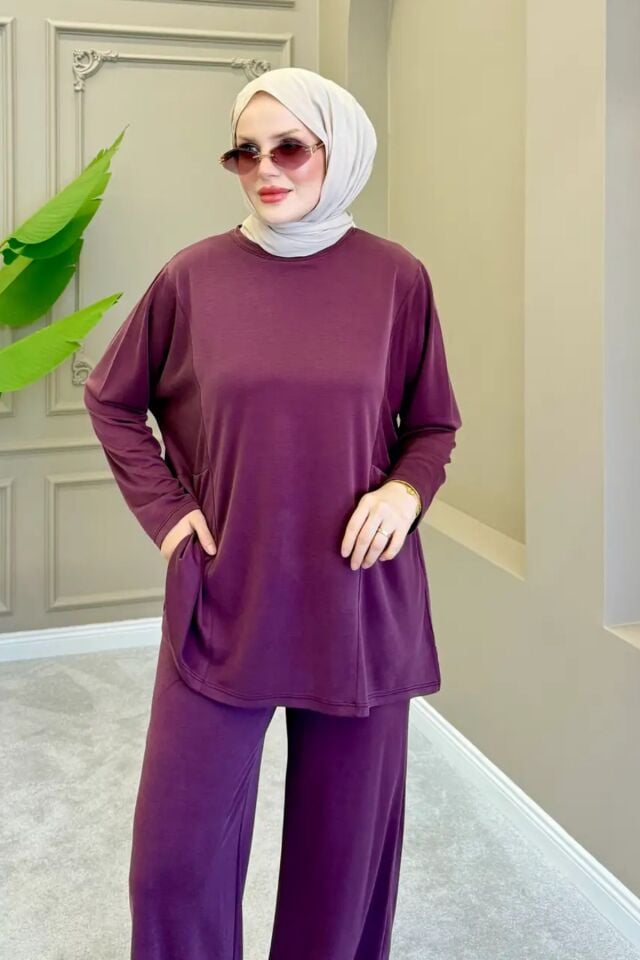 Balenbi Oversize Cupra Pike Kumaş Tesettür İkili Takım Cepli Tunik Bol Paça Pantolon 1215 L/XL - Bordo