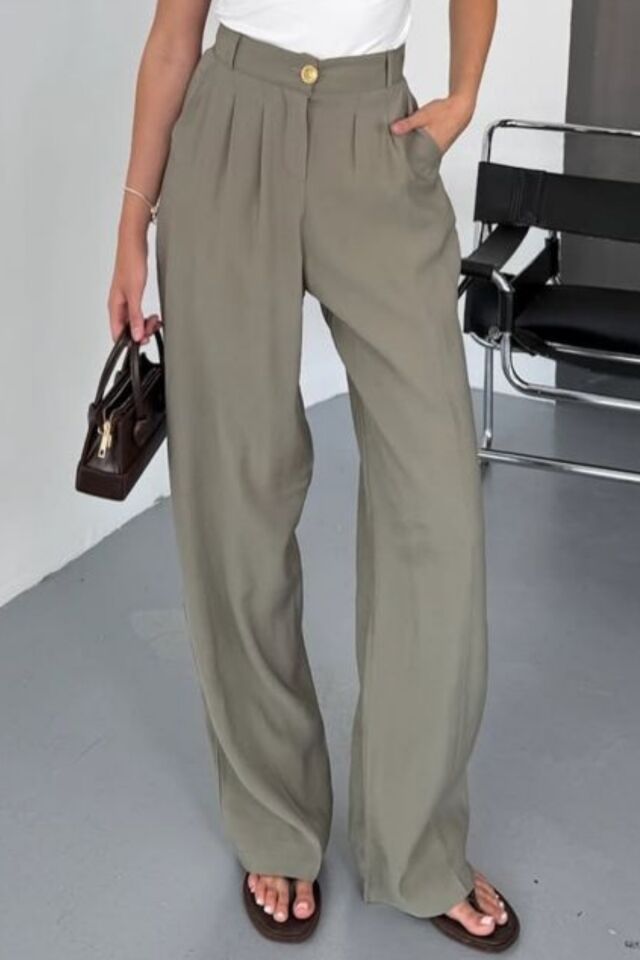 Feela Moda Kadın Modal Cupra Dokuma Pileli Palazzo Pantolon 2022 42 - Haki