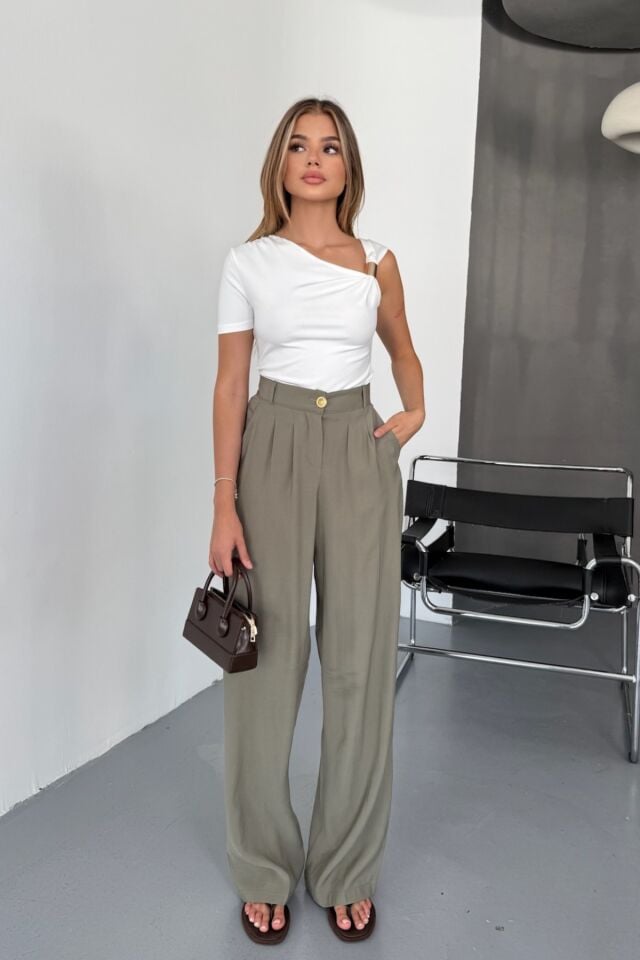 Feela Moda Kadın Modal Cupra Dokuma Pileli Palazzo Pantolon 2022 42 - Haki