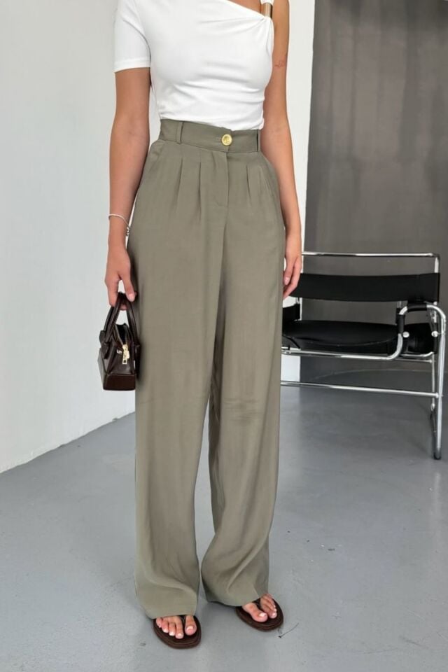 Feela Moda Kadın Modal Cupra Dokuma Pileli Palazzo Pantolon 2022 36 - Haki